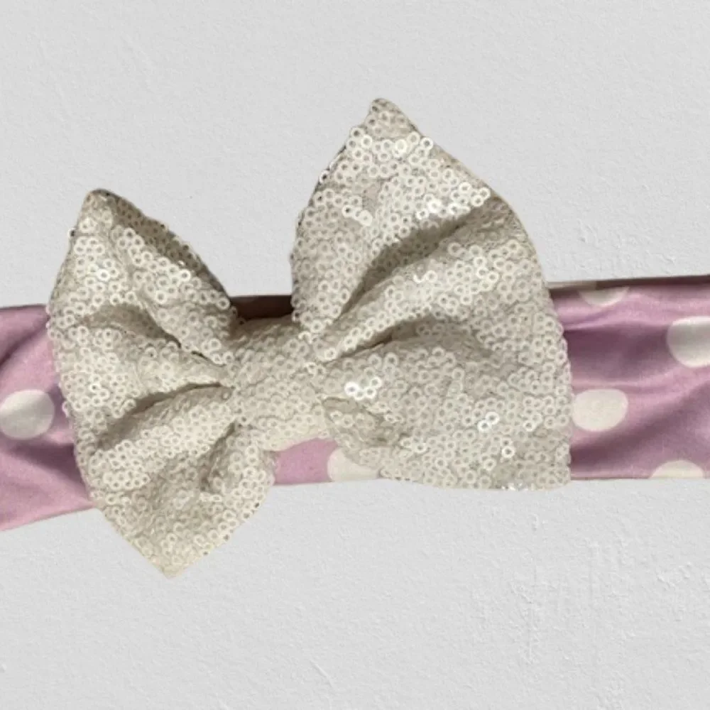 White Glitter Big Bow on Lavender & White Polka Dot Headband  4055  Handmade NWT